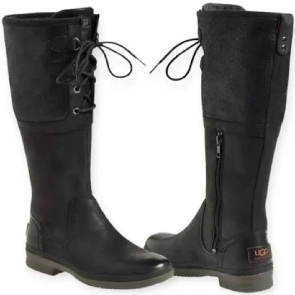 UGG Elsa Black Waterproof Leather Tall Lace Up Boots 1008438 Womens 9